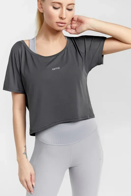 Tricou Sport Crop Lejer — Gri închis
